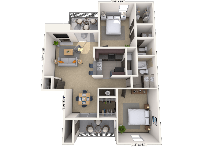 Traditional 2x2 1050-1059 SF floor plan