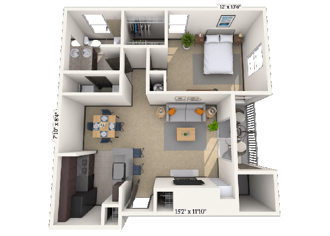 Traditional 1x1 788 SF floor plan