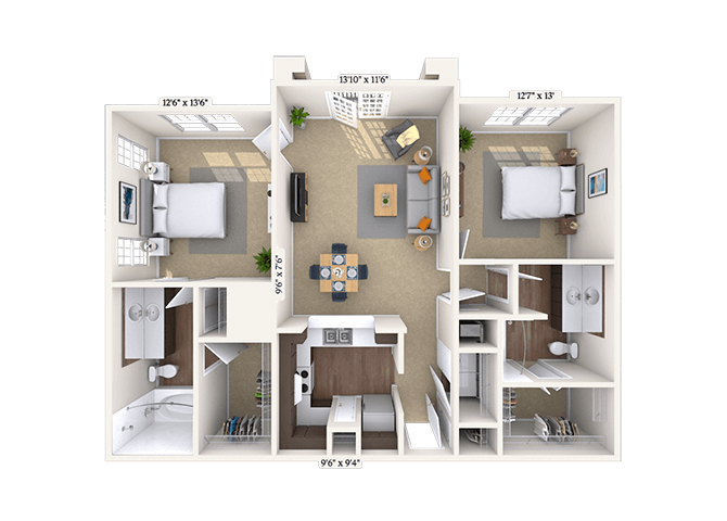 Traditional 2x2 1118 SF floor plan