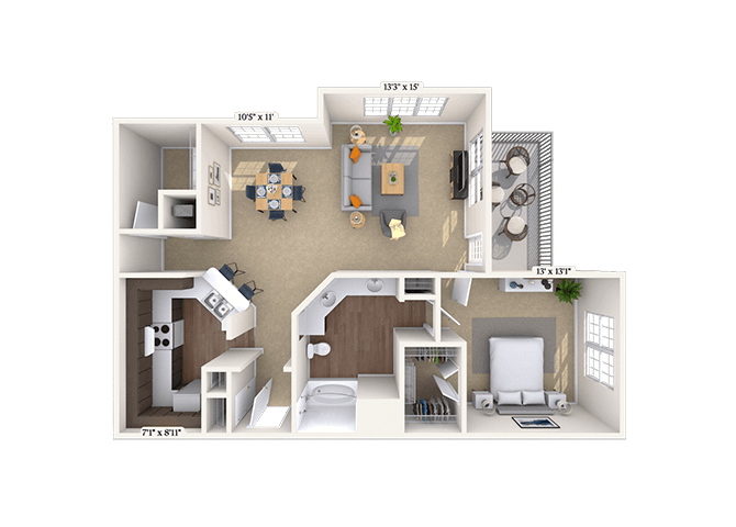 Traditional 1x1 1030 SF floor plan