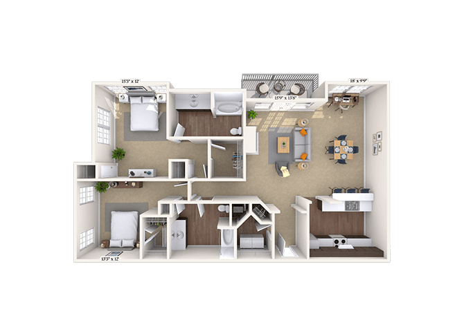 Traditional 2x2 1412 SF floor plan