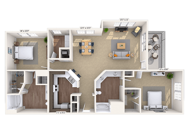 Traditional 2x2 1363 SF floor plan