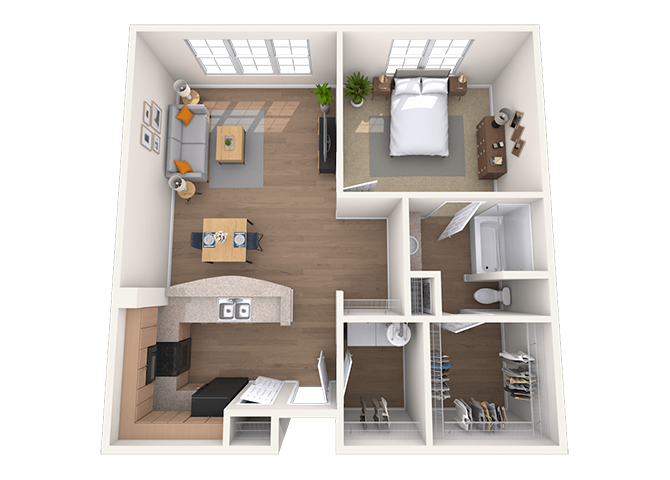 Traditional 1x1 834-947 SF floor plan