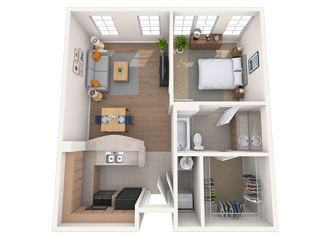 Traditional 1x1 665-1178 SF floor plan