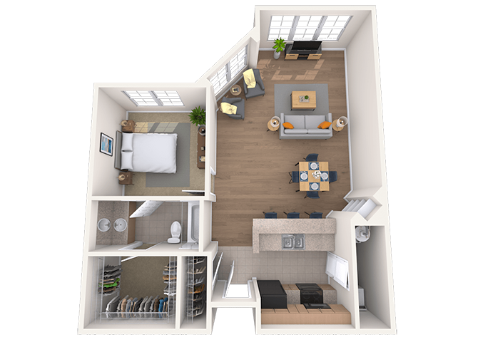 Traditional 1x1 702-808 SF floor plan