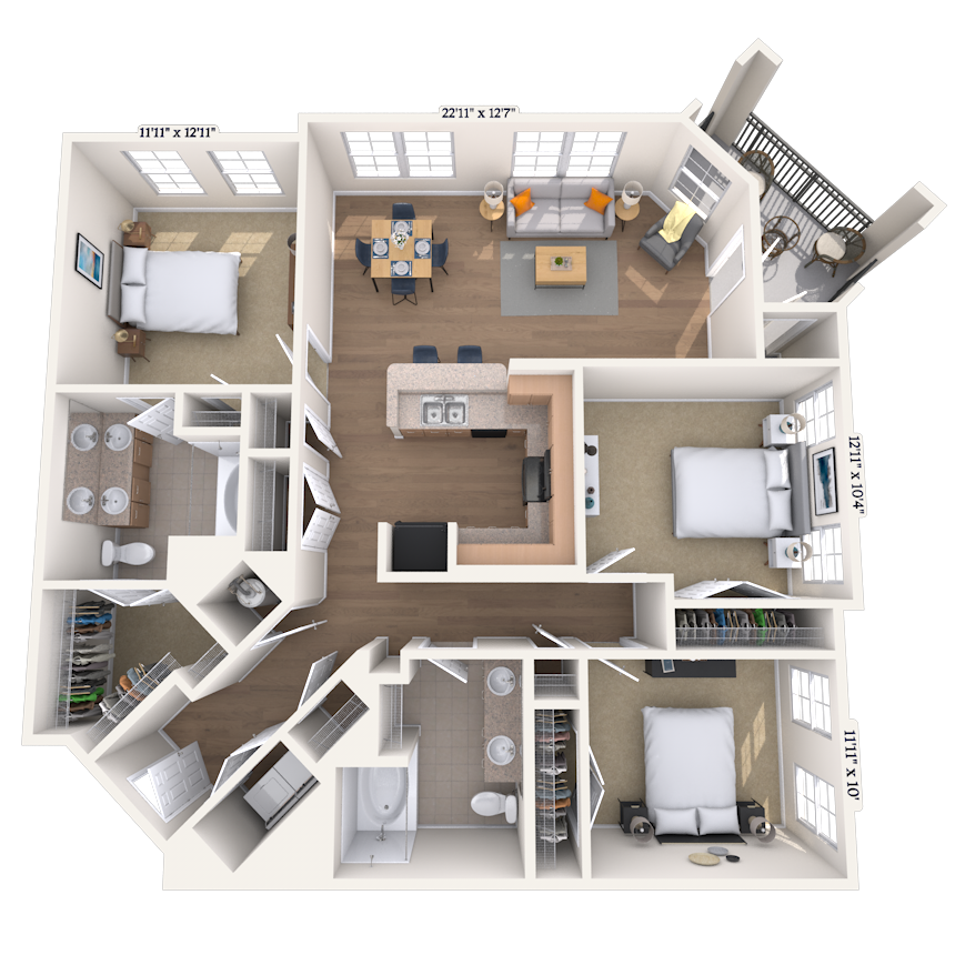 Traditional 3x2 1405 SF floor plan
