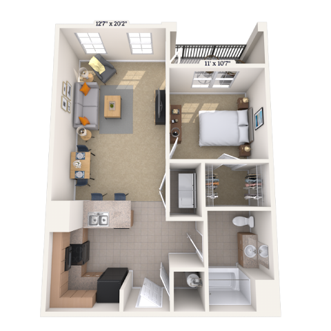Traditional 1x1 703-859 SF floor plan