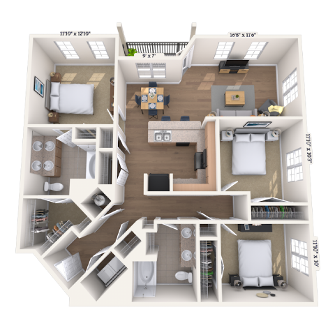 Traditional 3x2 1374-1398 SF floor plan