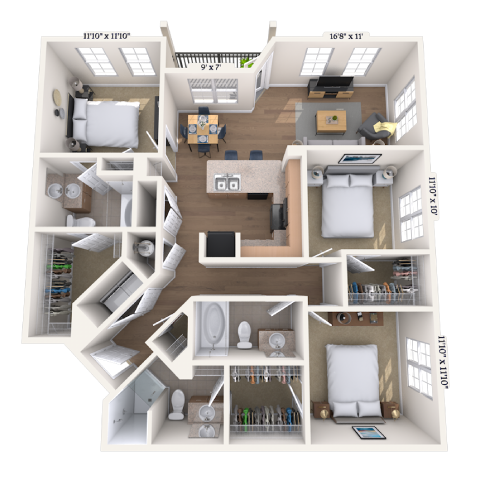 Traditional 3x3 1307-1459 SF floor plan