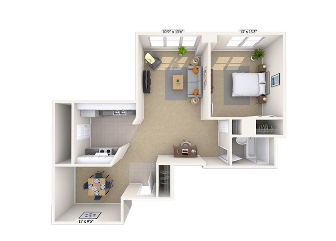 Traditional 1x1 845 SF floor plan