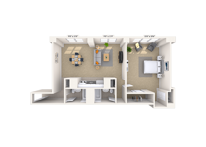Traditional 1x2 883-996 SF floor plan