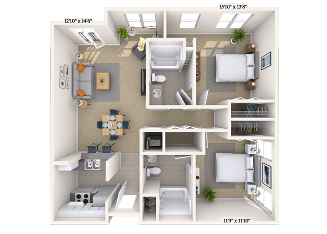 Traditional 2x2 1011-1071 SF floor plan