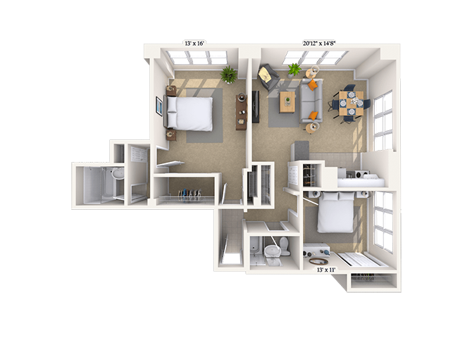 Traditional 2x2 1168 SF floor plan