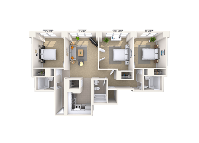 Traditional 3x3 1306 SF floor plan