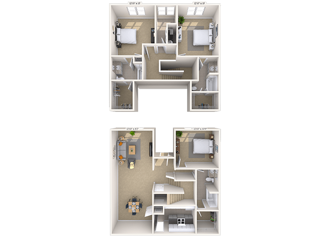 Dual Level 3x3 1874 SF floor plan