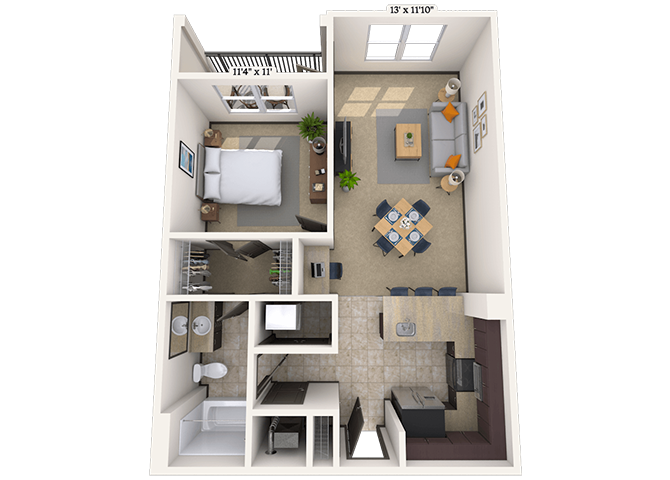 Traditional 1x1 723-790 SF floor plan