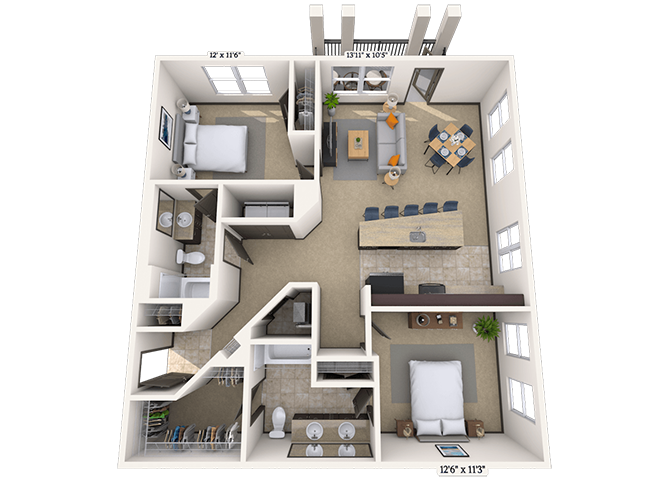 Traditional 2x2 1137-1158 SF floor plan