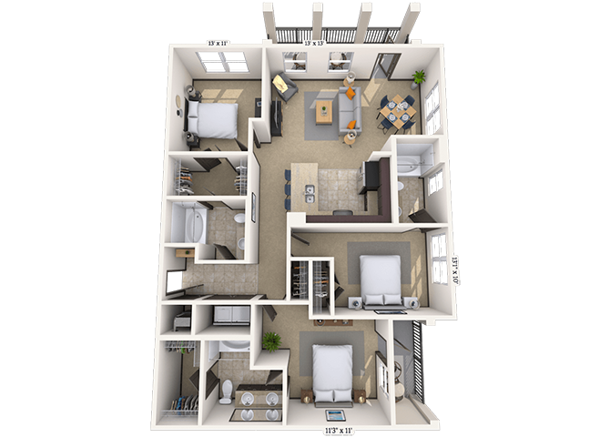 Traditional 3x3 1376 SF floor plan