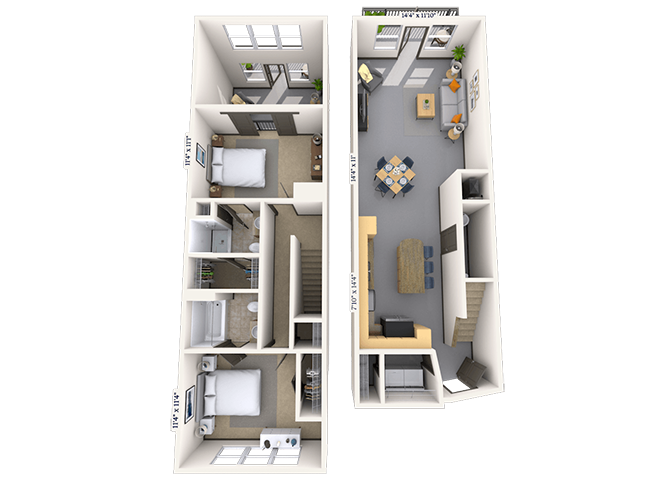 Dual Level 2x2.5 1214-1248 SF floor plan