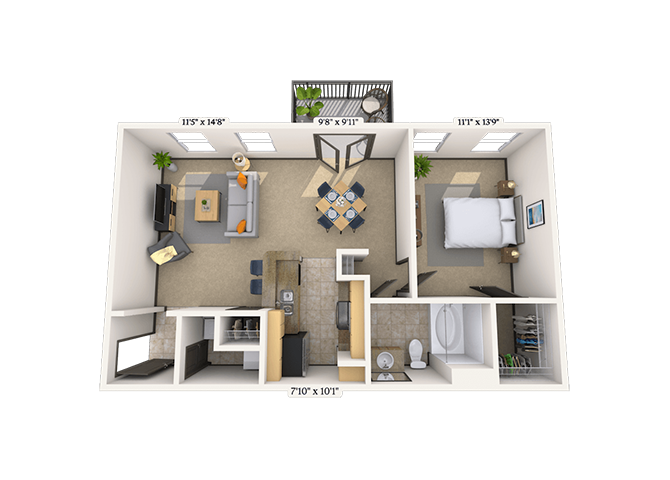 Traditional 1x1 722 SF floor plan