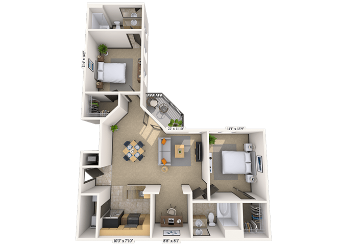 Traditional 2x2 1063 SF floor plan