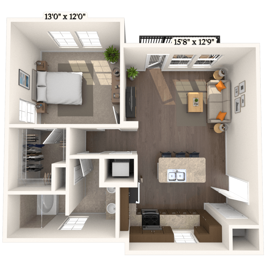 Traditional 1x1 745 SF floor plan
