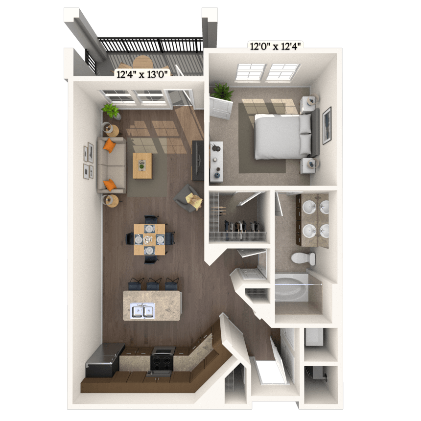 Traditional 1x1 813 SF floor plan