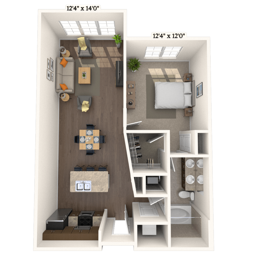 Traditional 1x1 837 SF floor plan