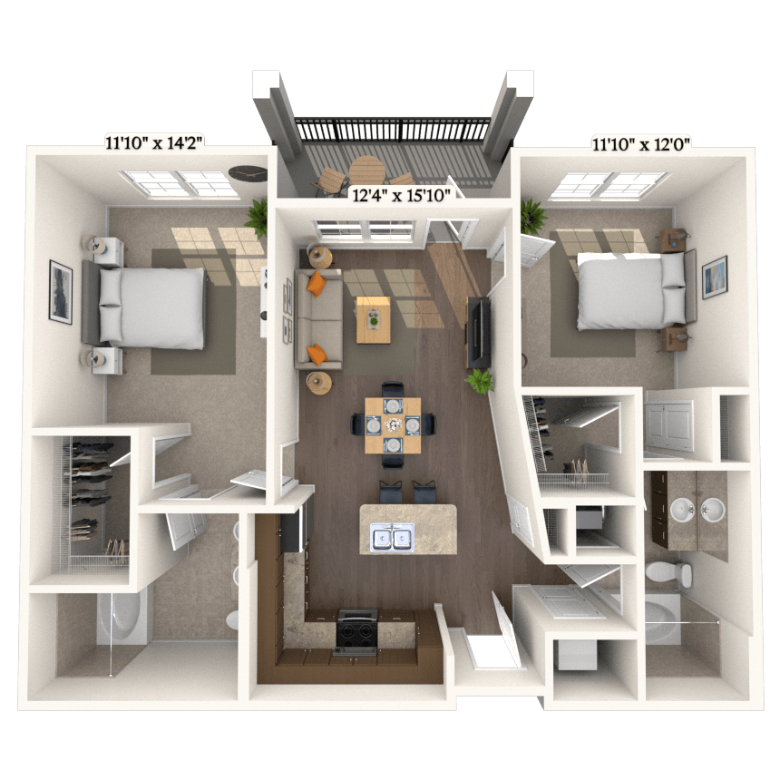 Traditional 2x2 1052 SF floor plan