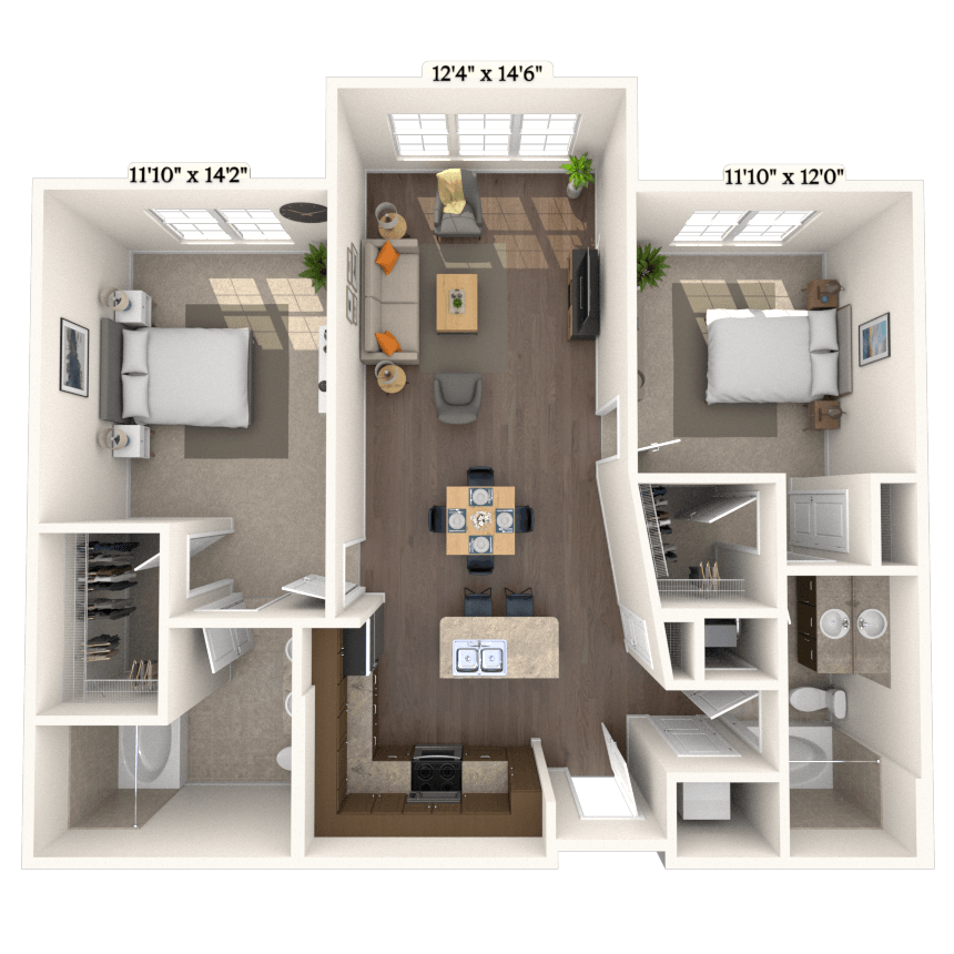 Traditional 2x2 1142 SF floor plan