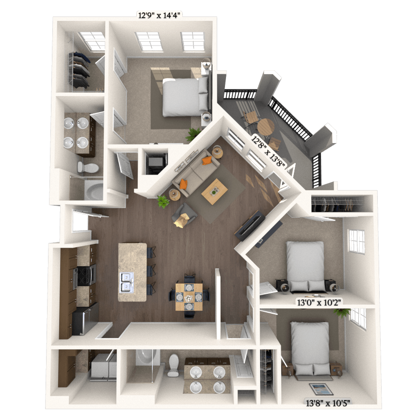 Traditional 3x2 1288 SF floor plan