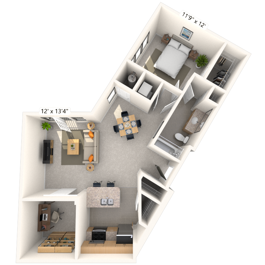 Traditional 1x1 867-1100 SF floor plan
