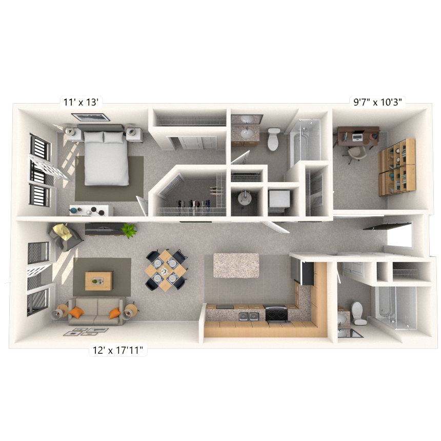 Traditional 1X2 893-1022 SF floor plan
