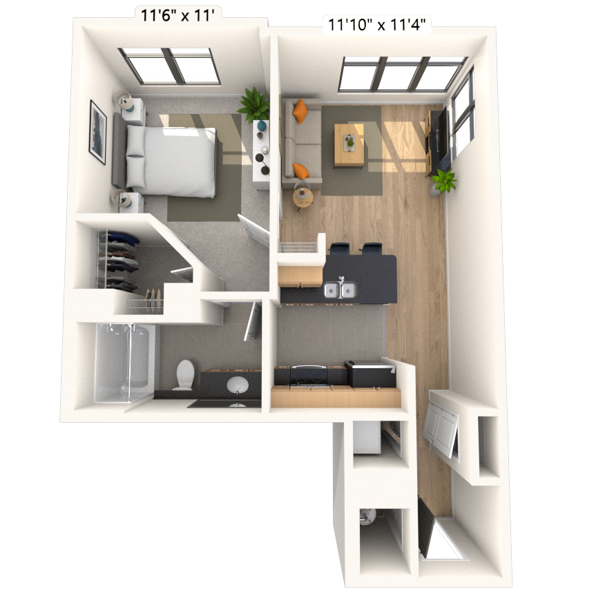 Traditional 1x1 638-689 SF floor plan