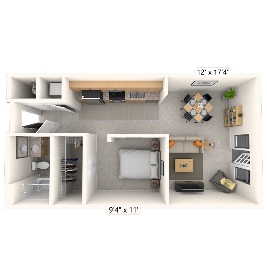 Traditional 1x1 535-637 SF floor plan