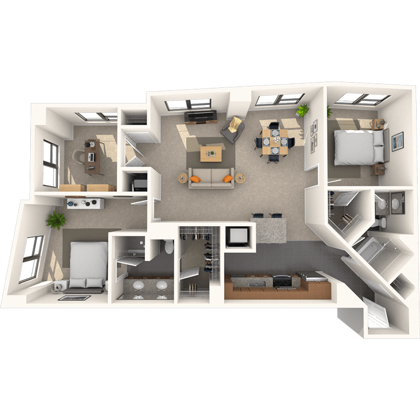 Traditional 2x2 1224-1333 SF floor plan