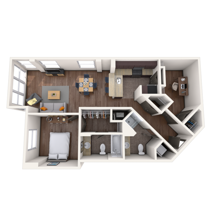 Traditional 1x2 882-1078 SF floor plan