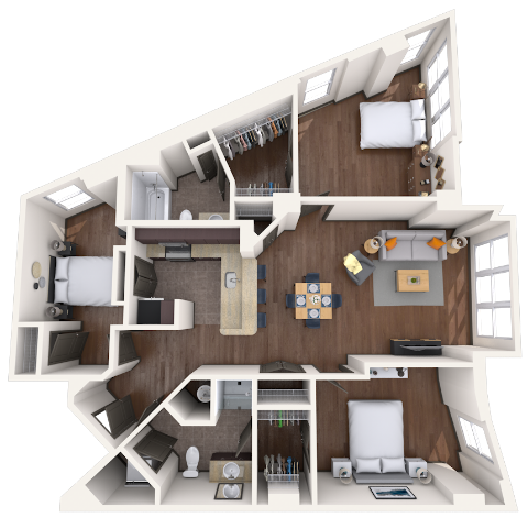 Traditional 3x2 1185-1279 SF floor plan