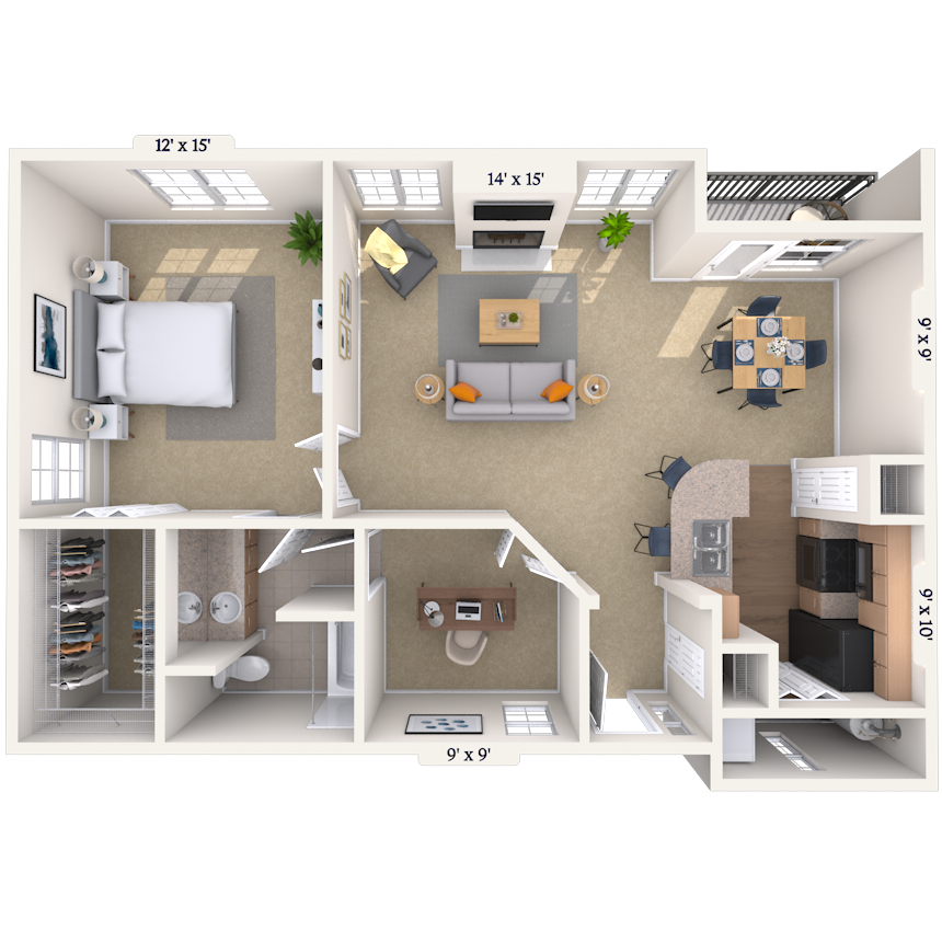 Traditional 1x1 927-997 SF floor plan