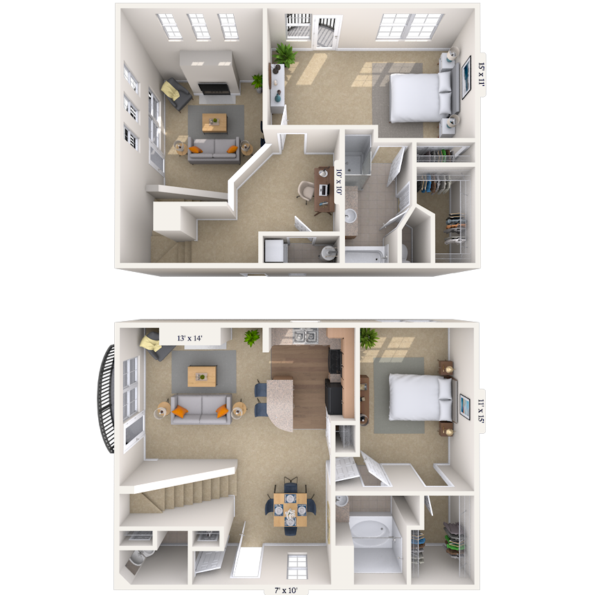Dual Level 2x2.5 1404-1655 SF floor plan