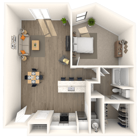 Traditional 1x1 833 SF floor plan