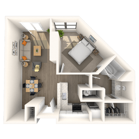 Traditional 1x1 888 SF floor plan