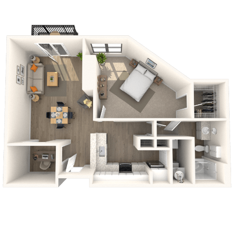 Traditional 1x1 918 SF floor plan