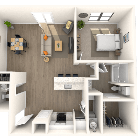 Traditional 1x1.5 972 SF floor plan