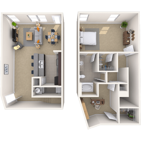 Dual Level 2x2 1116-1359 SF floor plan