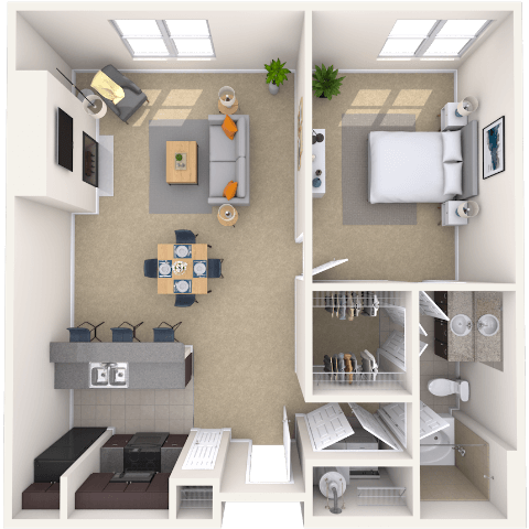 Traditional 1x1 724-884 SF floor plan
