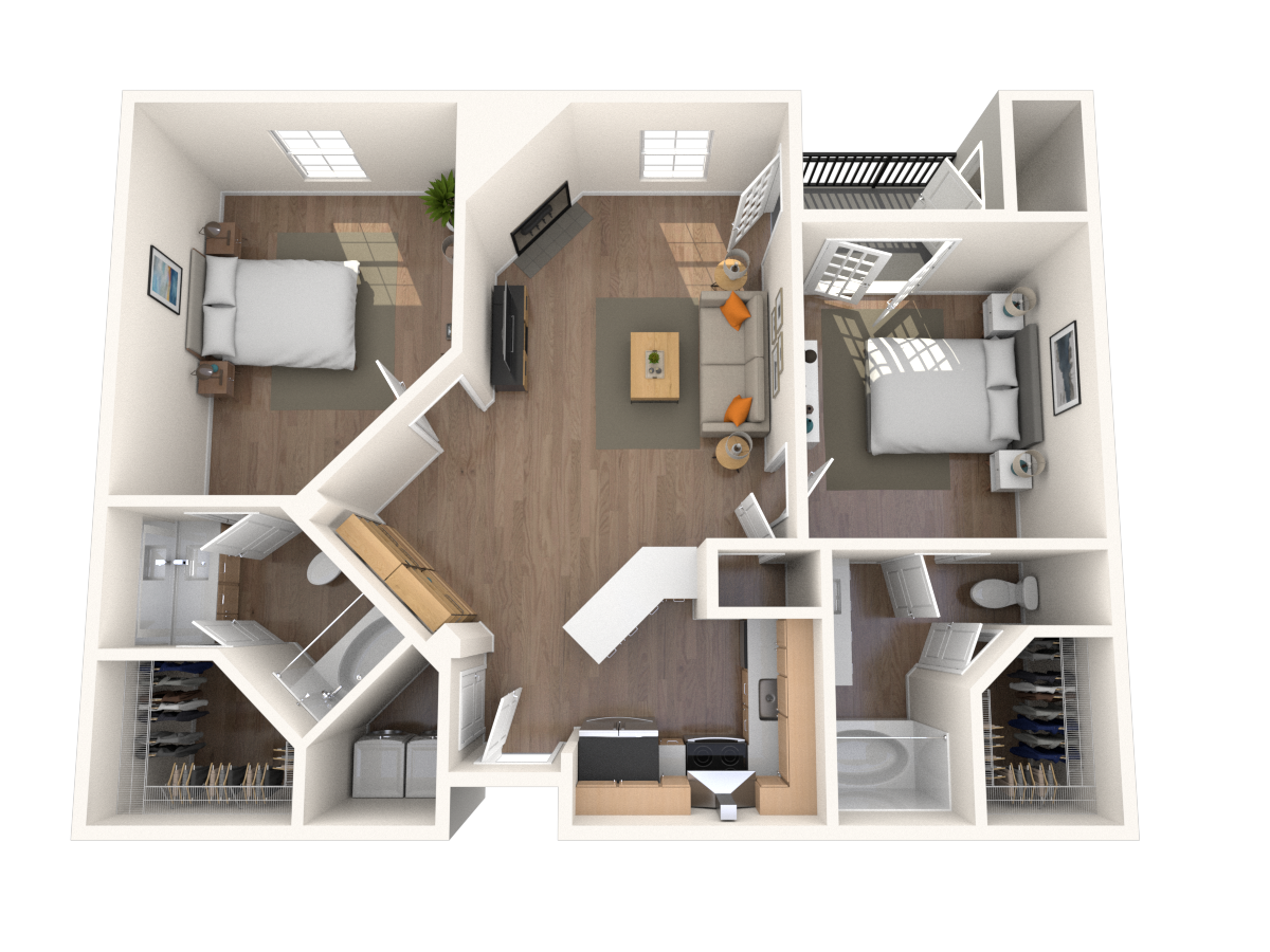 Traditional 2x2 991-1068 SF floor plan