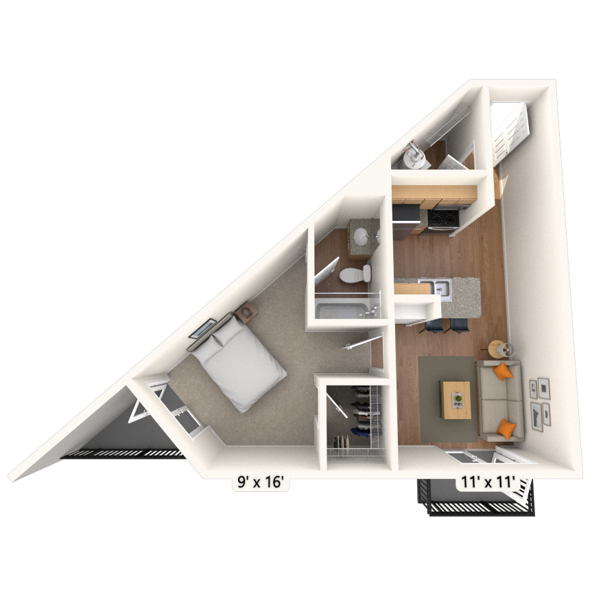 Traditional 1x1 581-810 SF floor plan