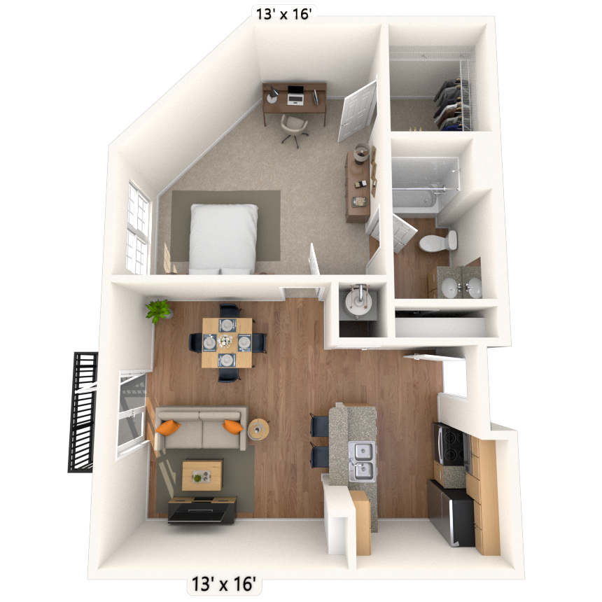 Traditional 1x1 562-863 SF floor plan