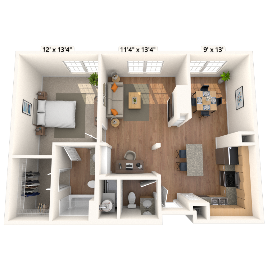 Traditional 1x1.5 866-925 SF floor plan